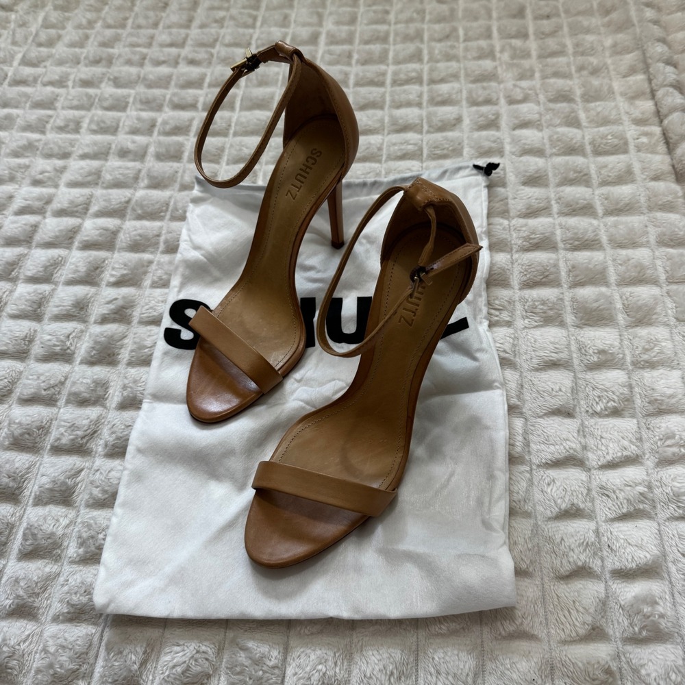 Schutz 8.5 Cadey Lee Lightwood Tan Neutral Sandals Heels Stiletto Classic